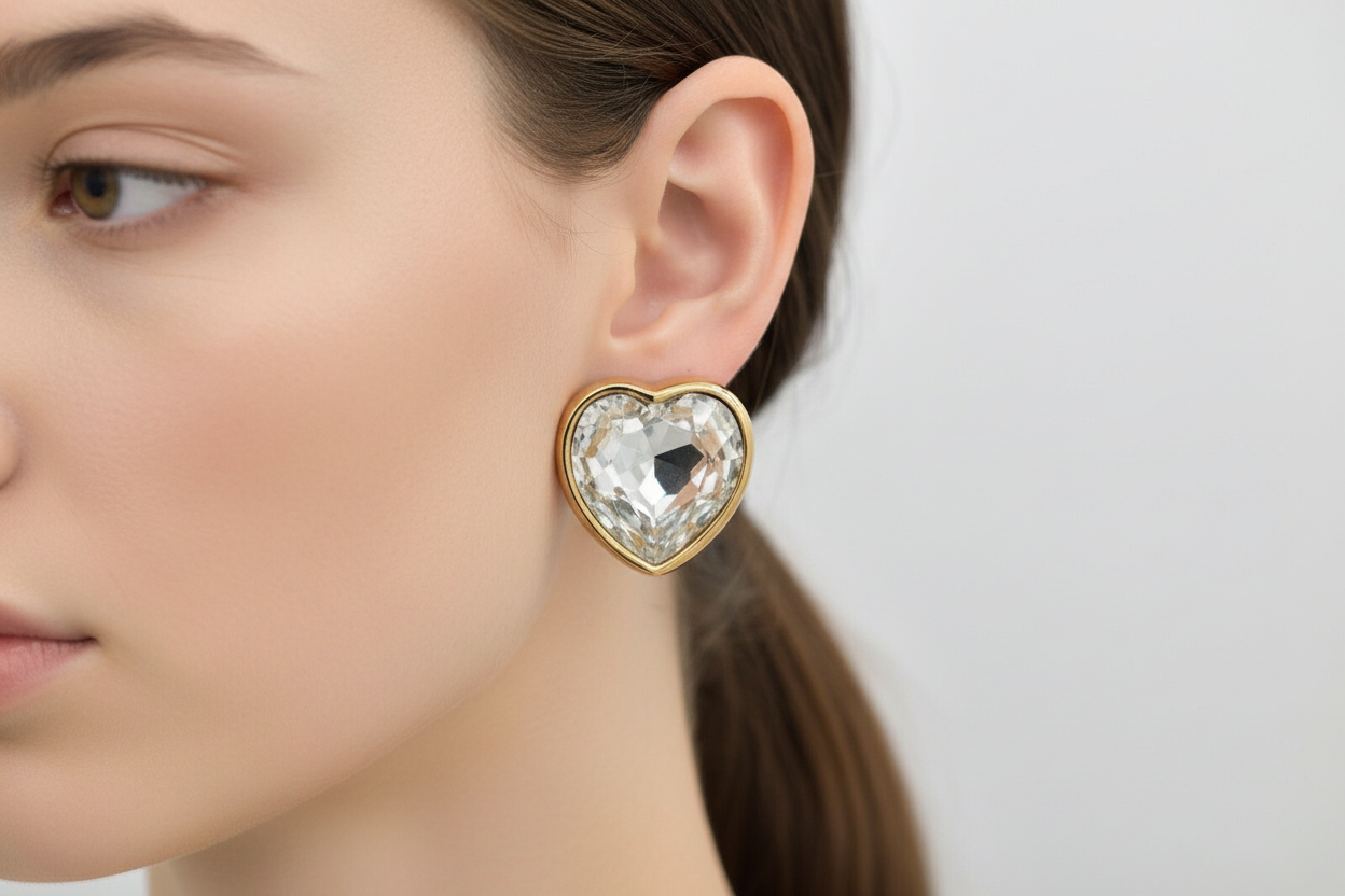 Heart-shaped earrings with clear gemstones on a white background