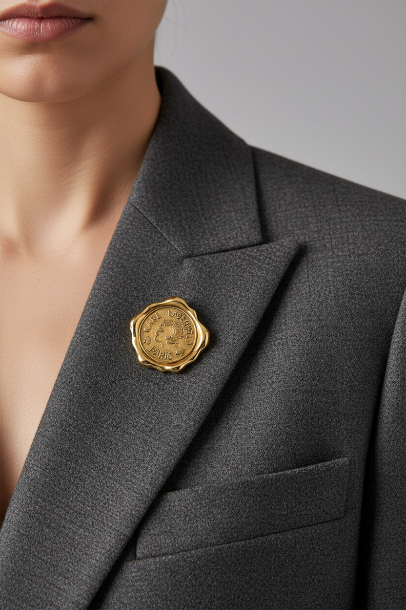 Gold emblem with Karl Lagerfeld logo on a black background