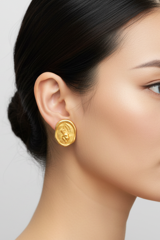 Pair of gold earrings on a black and white display stand.