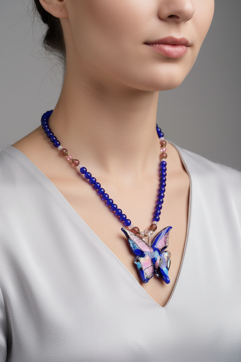 Necklace with a butterfly pendant on a black stand against a white background
