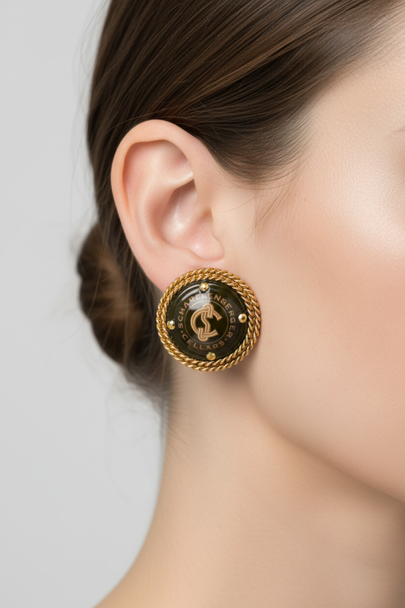 Pair of gold and black Schaeffenberger Cellars earrings on a white stand.