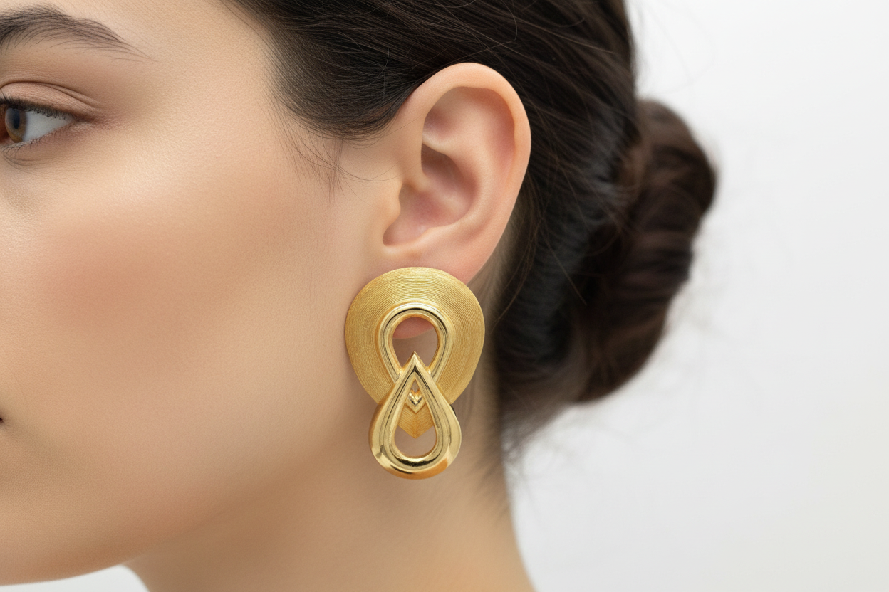Gold earrings on a stand against a white background