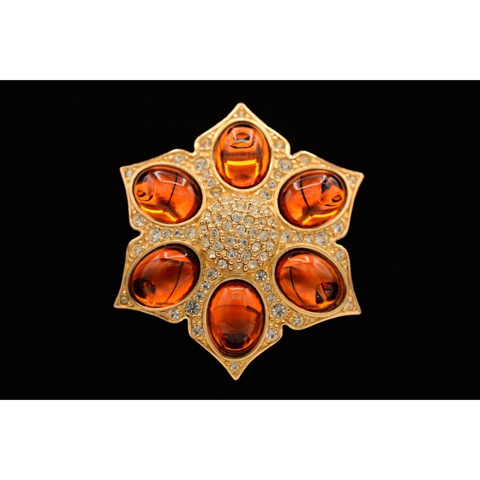 Christian Dior Vintage Starburst Fire Amber Cabochon Brooch