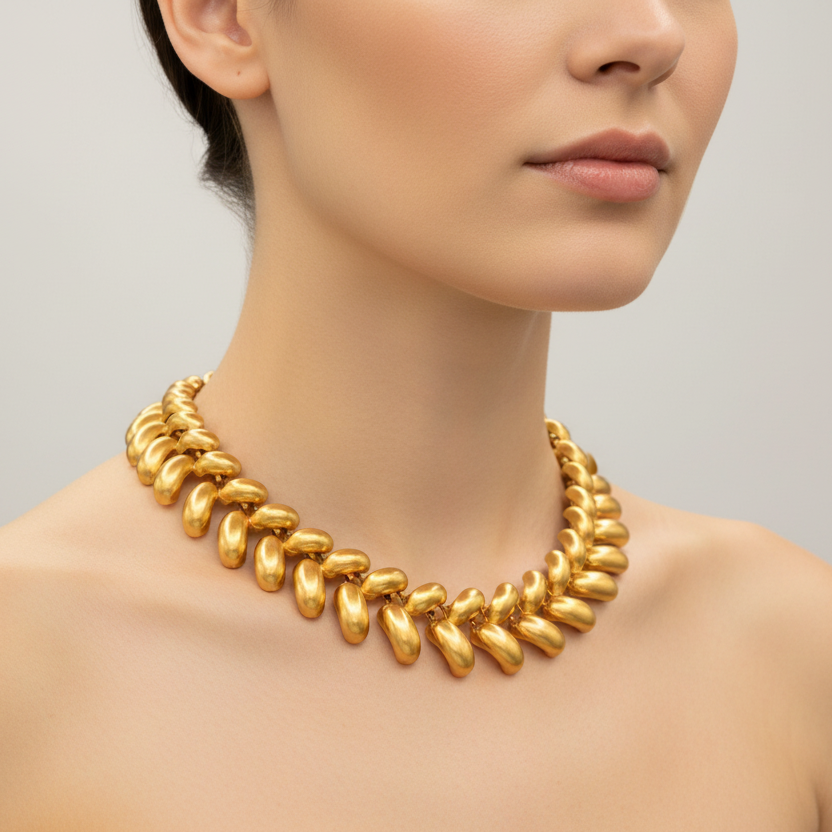 Gold necklace on a mannequin with a plain background