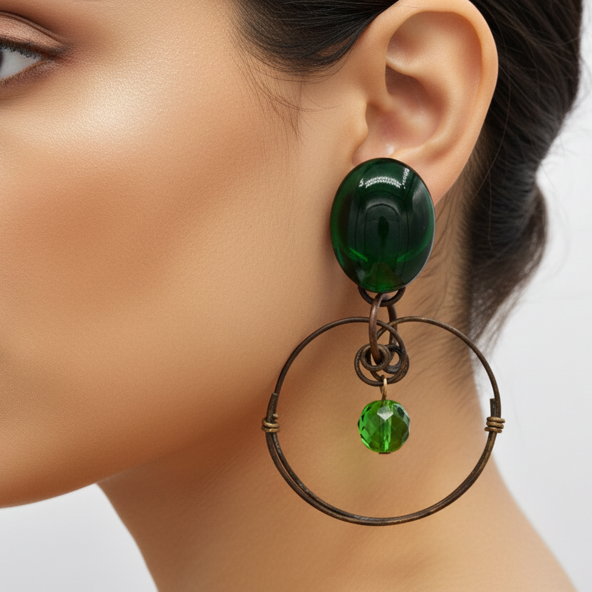 Pair of earrings with green gemstones on a white background