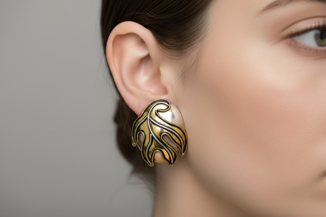 Gold and silver leaf-shaped earrings on a white background