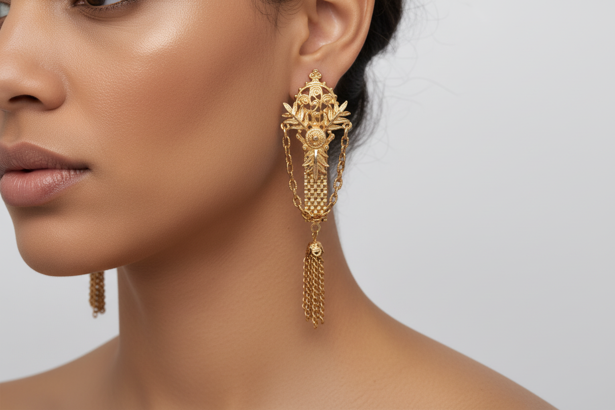 Ornate Filigree Gold Tassel Earrings