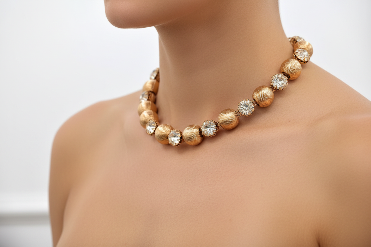 Gold and crystal necklace on a black mannequin bust against a white background