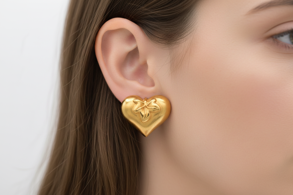 Gold heart-shaped earrings on a white background