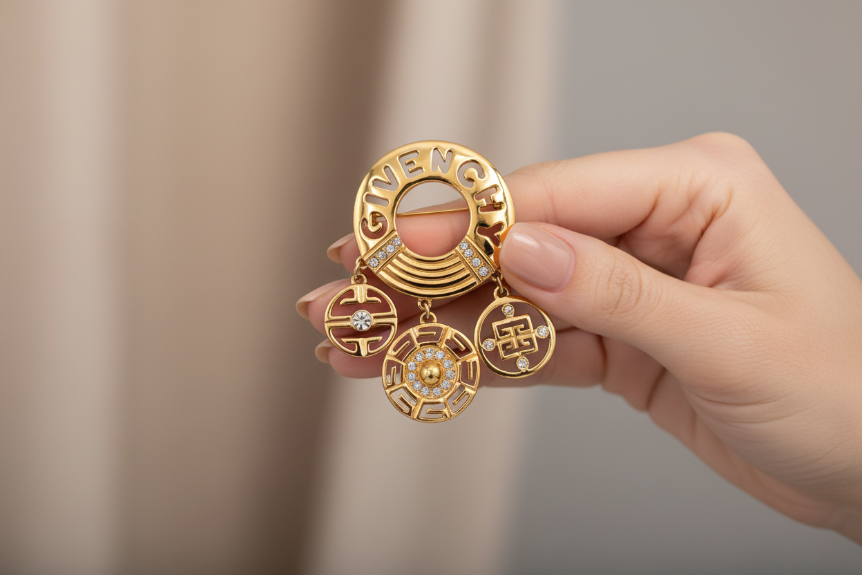 Gold Givenchy brooch with intricate designs and crystals on a black background