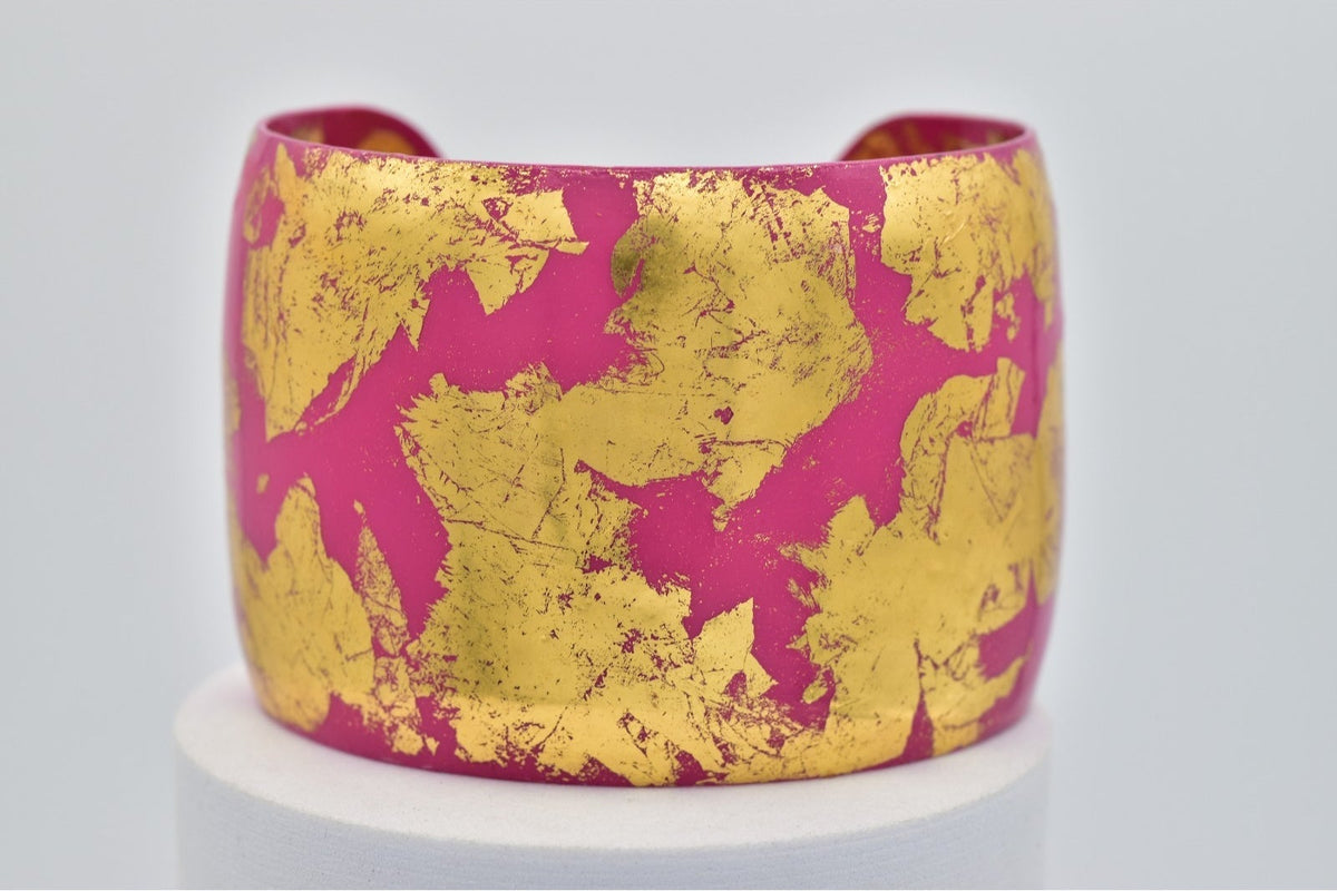 Evocateur Wide Cuff Hot Pink Bracelet 22K Gold Leaf