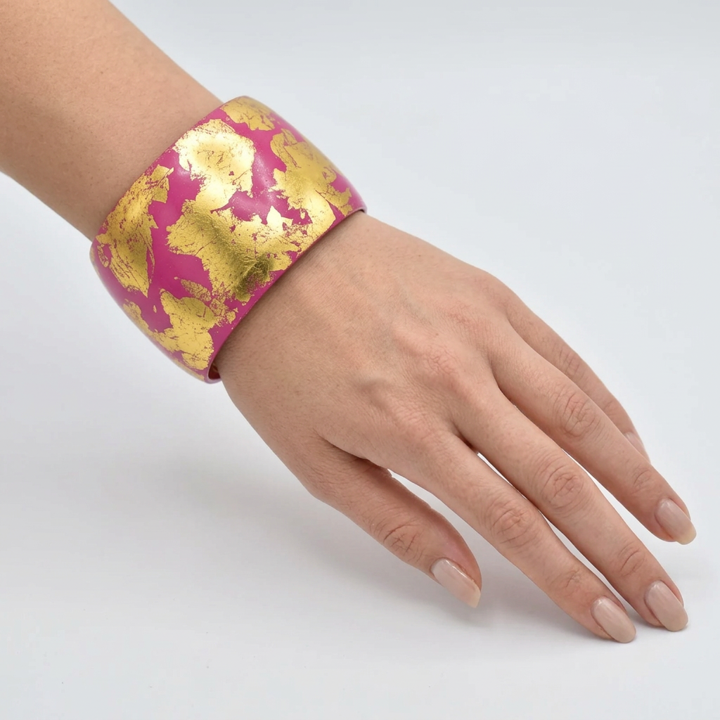 Evocateur Wide Cuff Hot Pink Bracelet 22K Gold Leaf