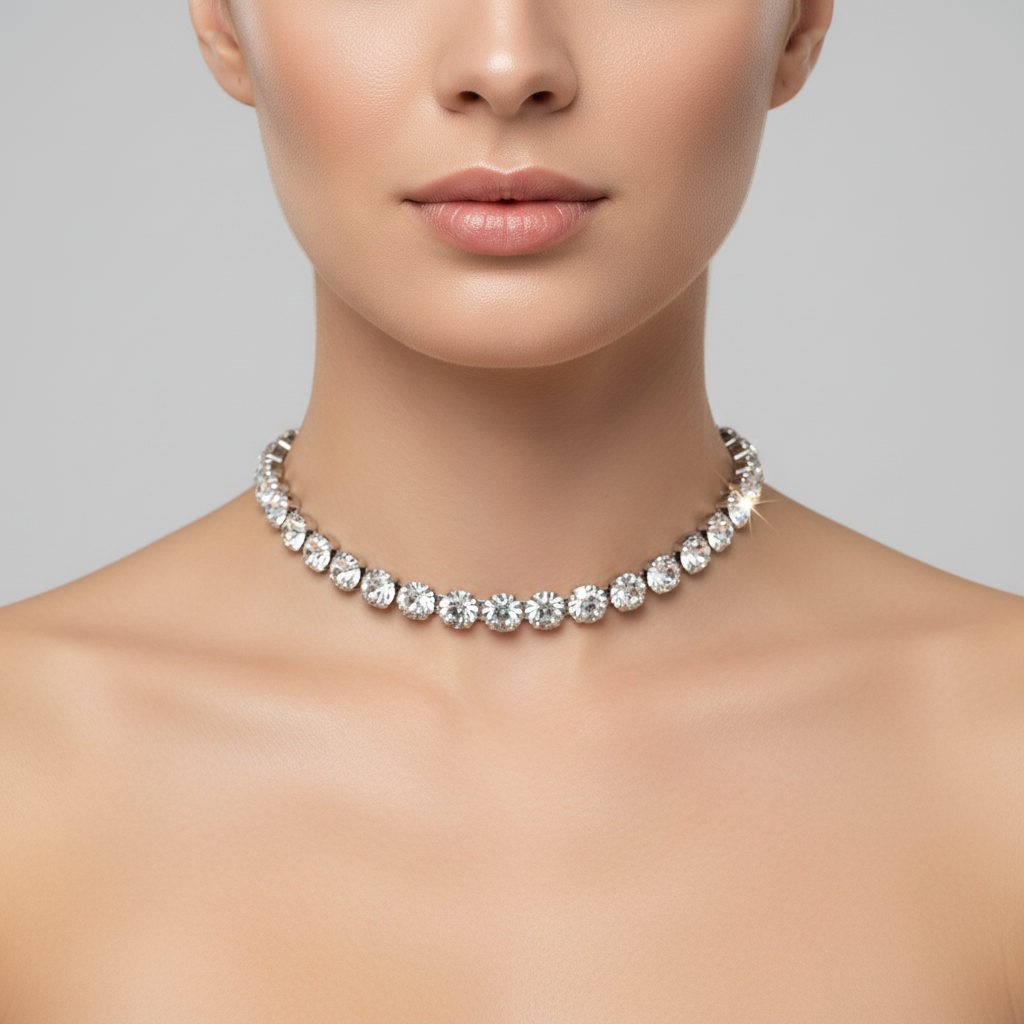 A silver-toned choker necklace with a row of clear round-cut rhinestones, displayed on a black velvet jewelry bust against a white background.