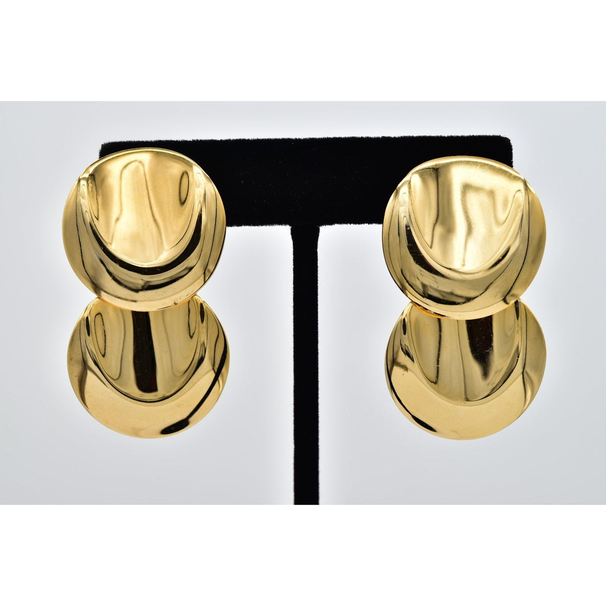 Vintage Polished Gold Double Round Disc Sculptural Dangle Earrings 1980s