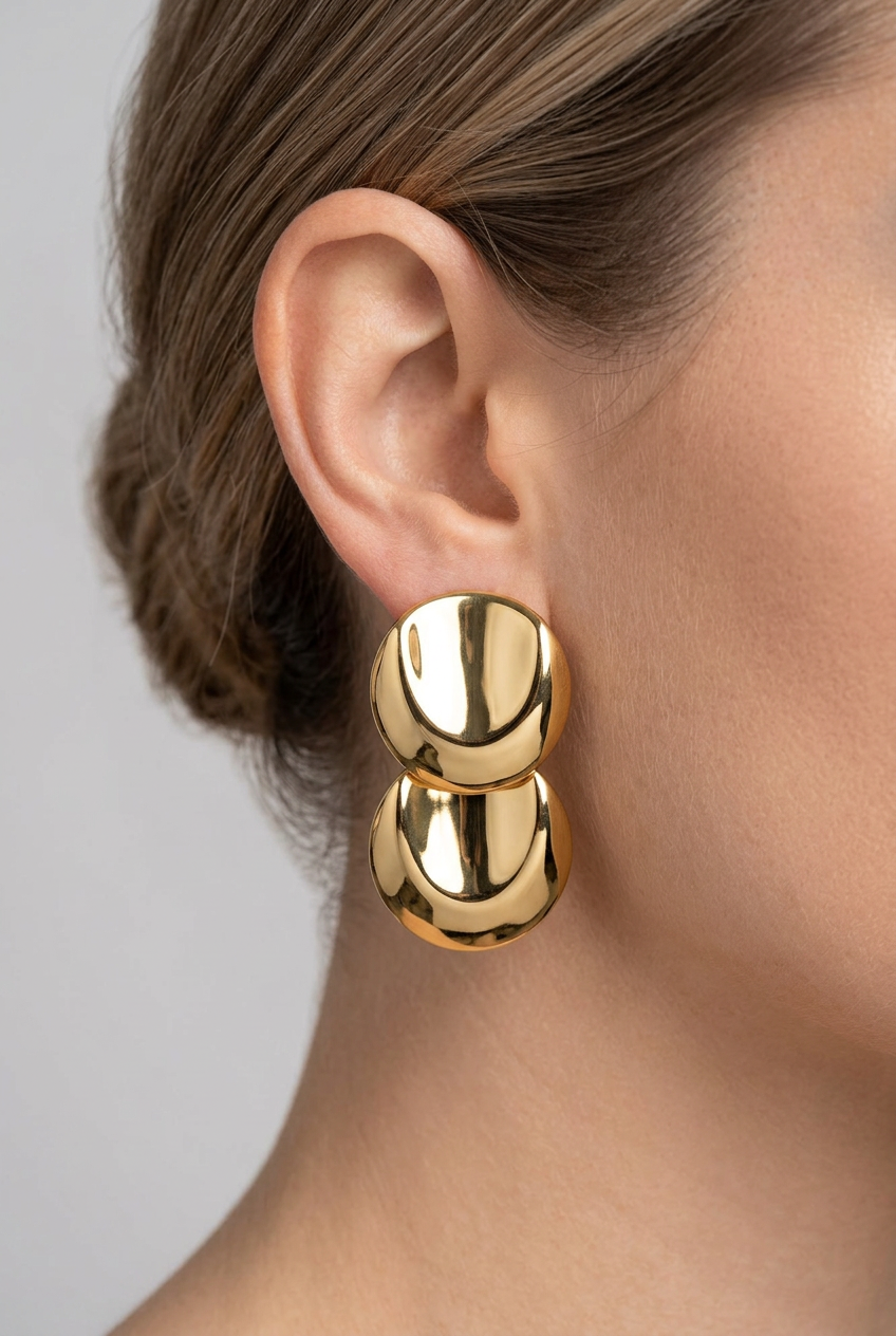 Vintage Polished Gold Double Round Disc Sculptural Dangle Earrings 1980s