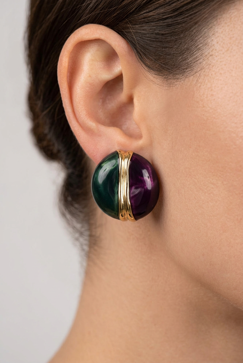 Vintage NOS Green Purple Enamel Round Clip On Earrings Chunky Gold 1980s NS2
