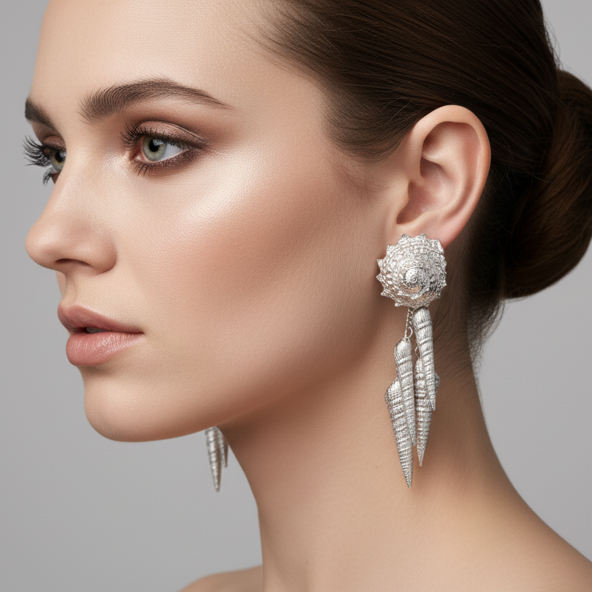 Close-up of a woman wearing silver earrings with a gray background
