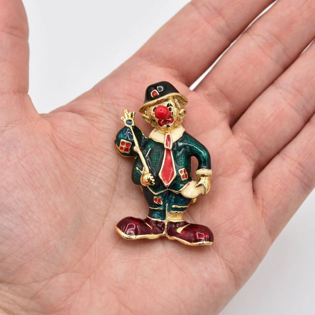 Vintage NOS Enamel Hobo Clown Bindle Brooch Gold Figural Pin