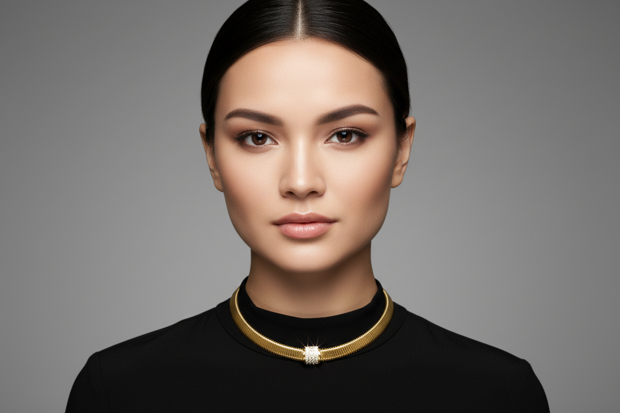 Gold choker necklace on a black mannequin with a white background