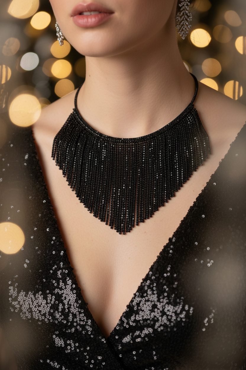 Dramatic Black Rhinestone Mesh Fringe Necklace