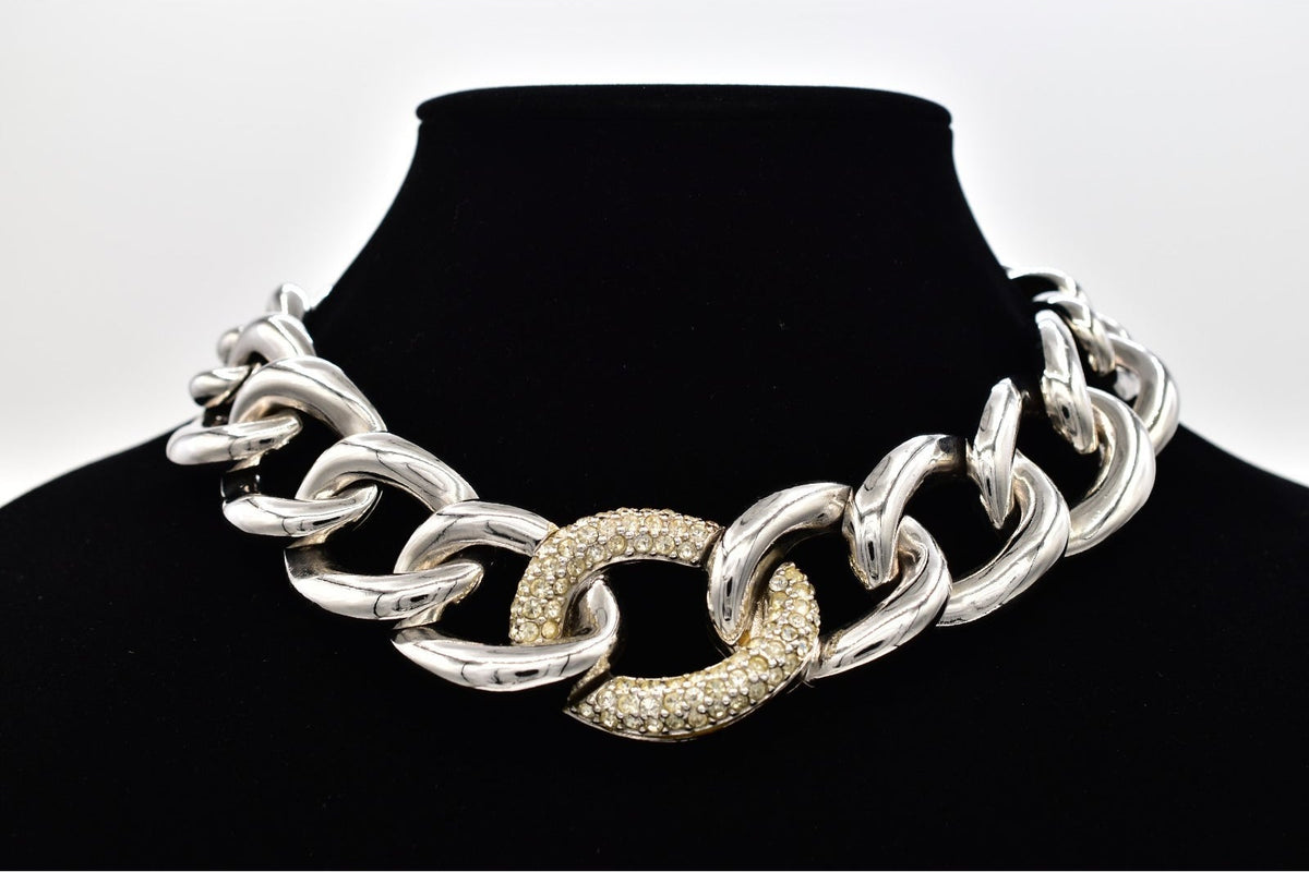 Givenchy Vintage Chunky Silver Chain Necklace with Rhinestones 1980s