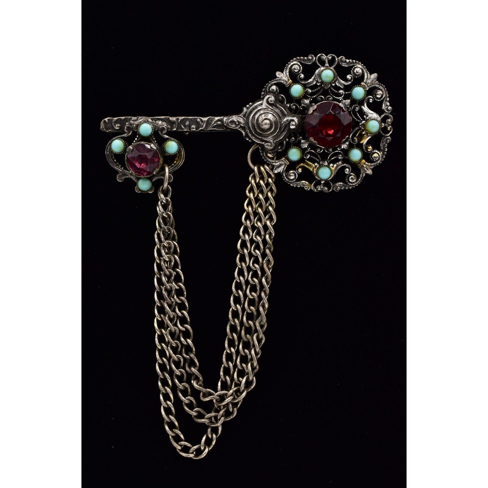 Skeleton Key Brooch w/ Dangle Chains