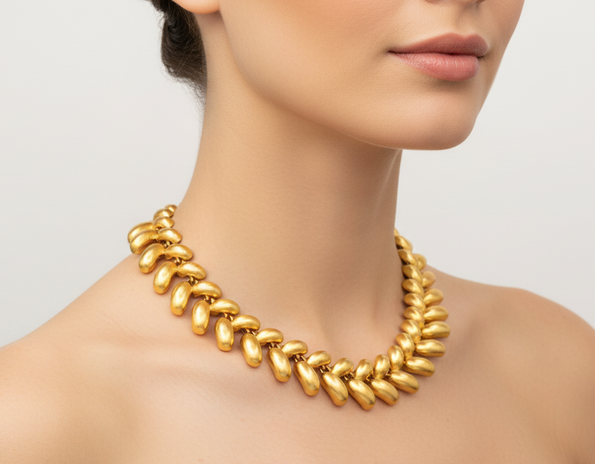 Gold necklace on a black mannequin bust