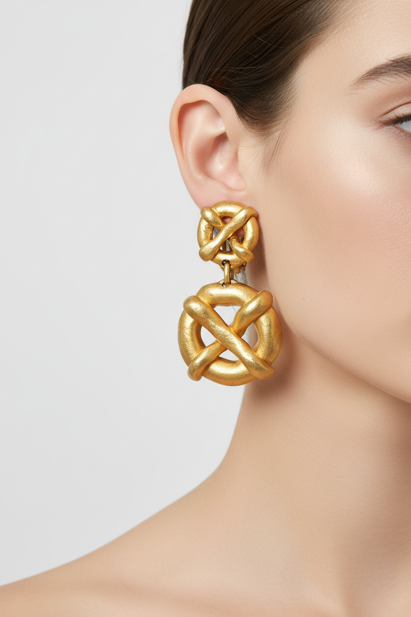 A pair of vintage Etruscan gold-plated clip-on earrings with a brushed finish and heavy design, displayed on a black stand.