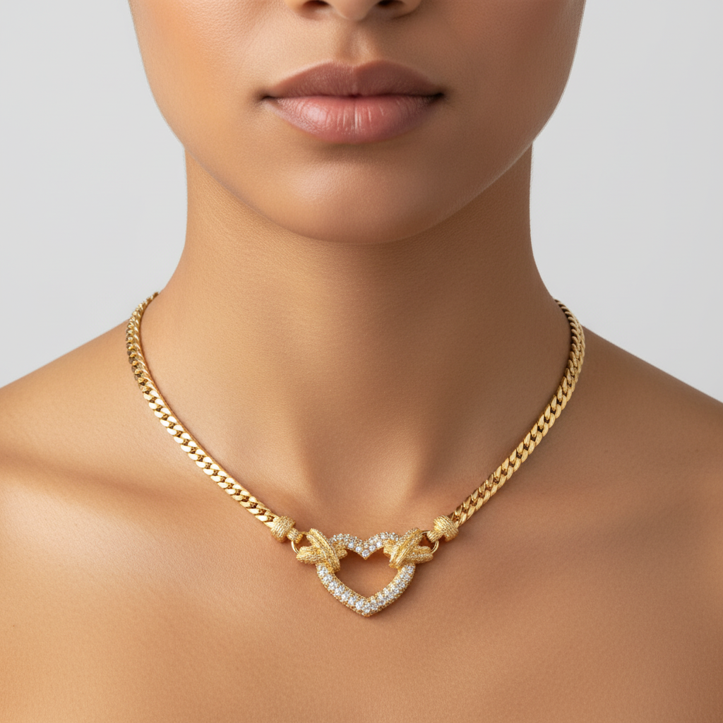 A gold-toned chain necklace with a heart-shaped pendant, displayed on a black jewelry bust against a white background.