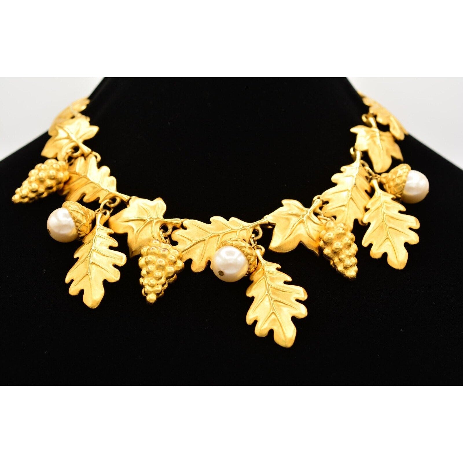 Givenchy Vintage Grape Acorn Necklace Brushed Gold Leaf Signed Runway RARE Bin3D