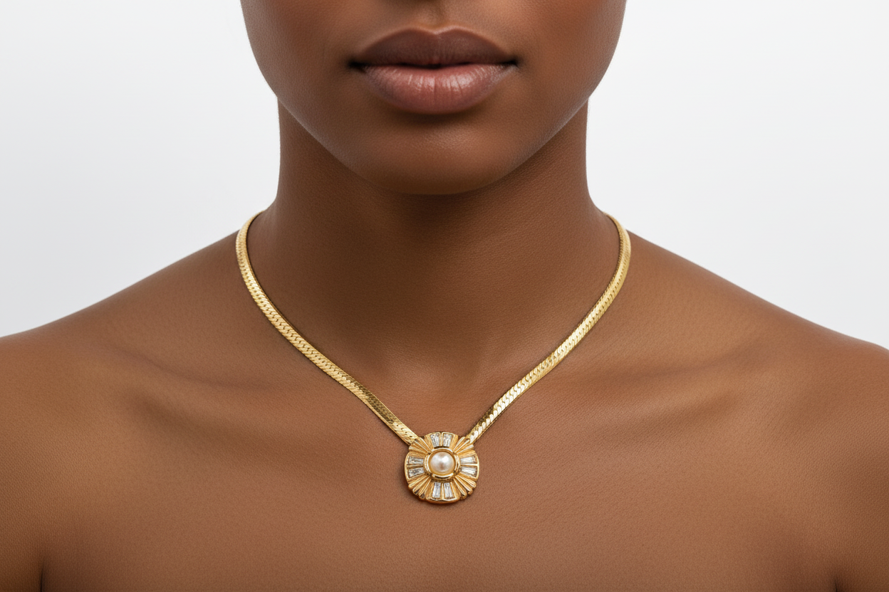 Gold necklace with a decorative pendant on a black mannequin against a white background