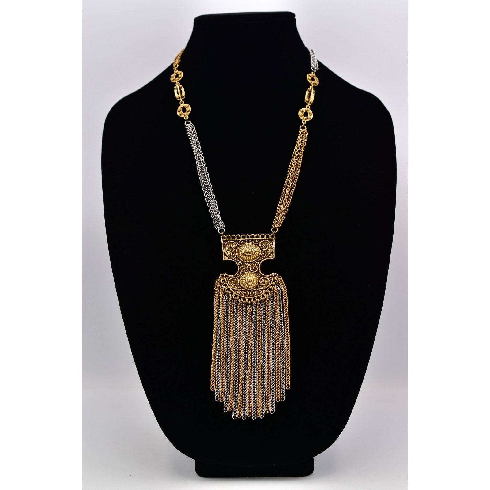 Vintage Gold Silver Tone Fringe Pendant Necklace