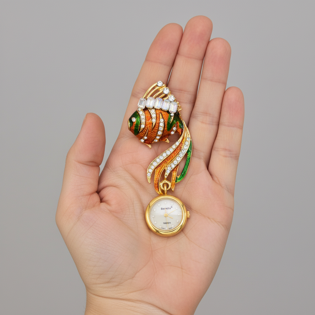 Bonetto Vintage Fish Brooch Watch Enamel Rhinestone Gold Tone Figural Pin