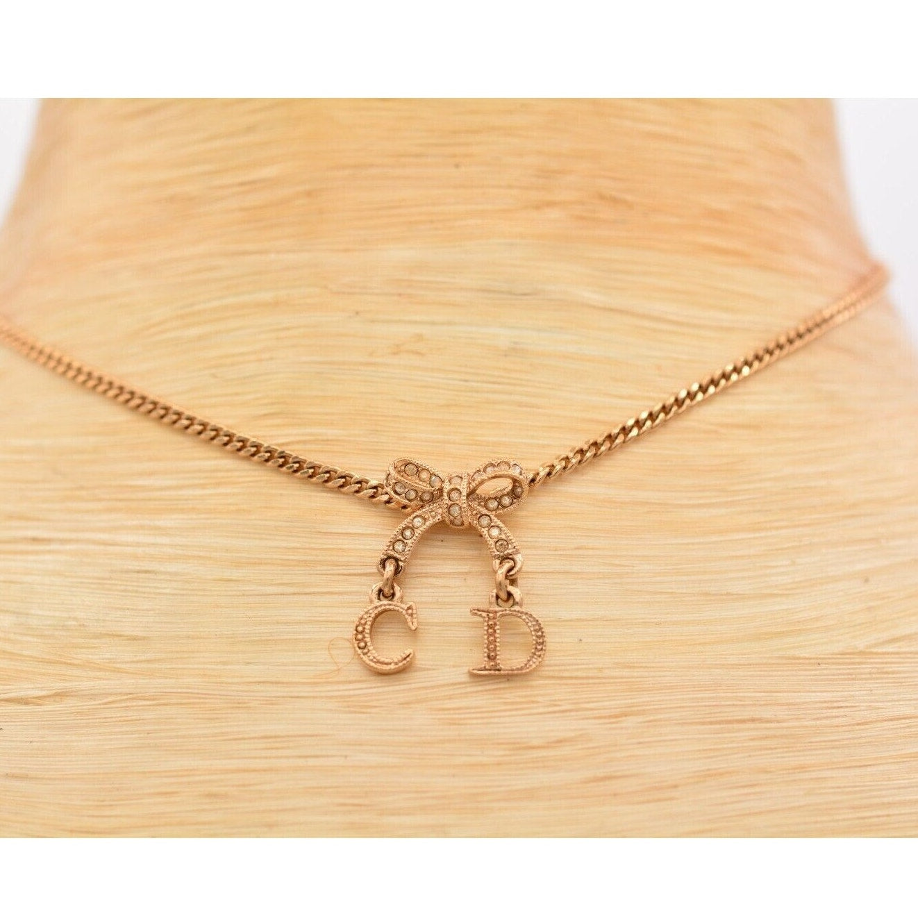 Christian Dior Vintage Pavé Crystal Logo Bow Necklace