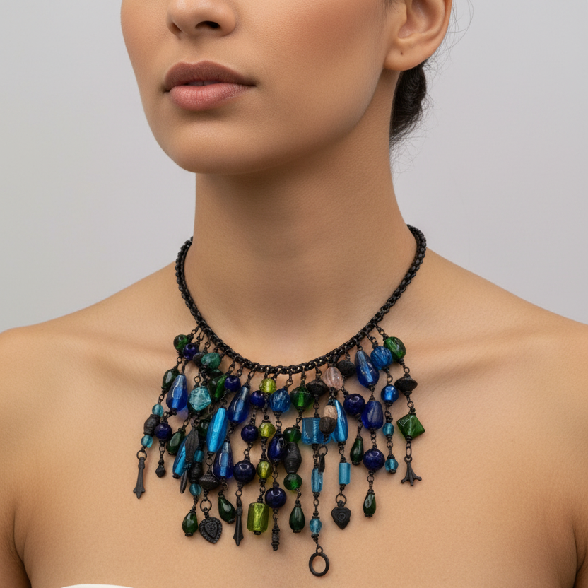 Necklace with blue and green beads on a wooden mannequin against a gray background