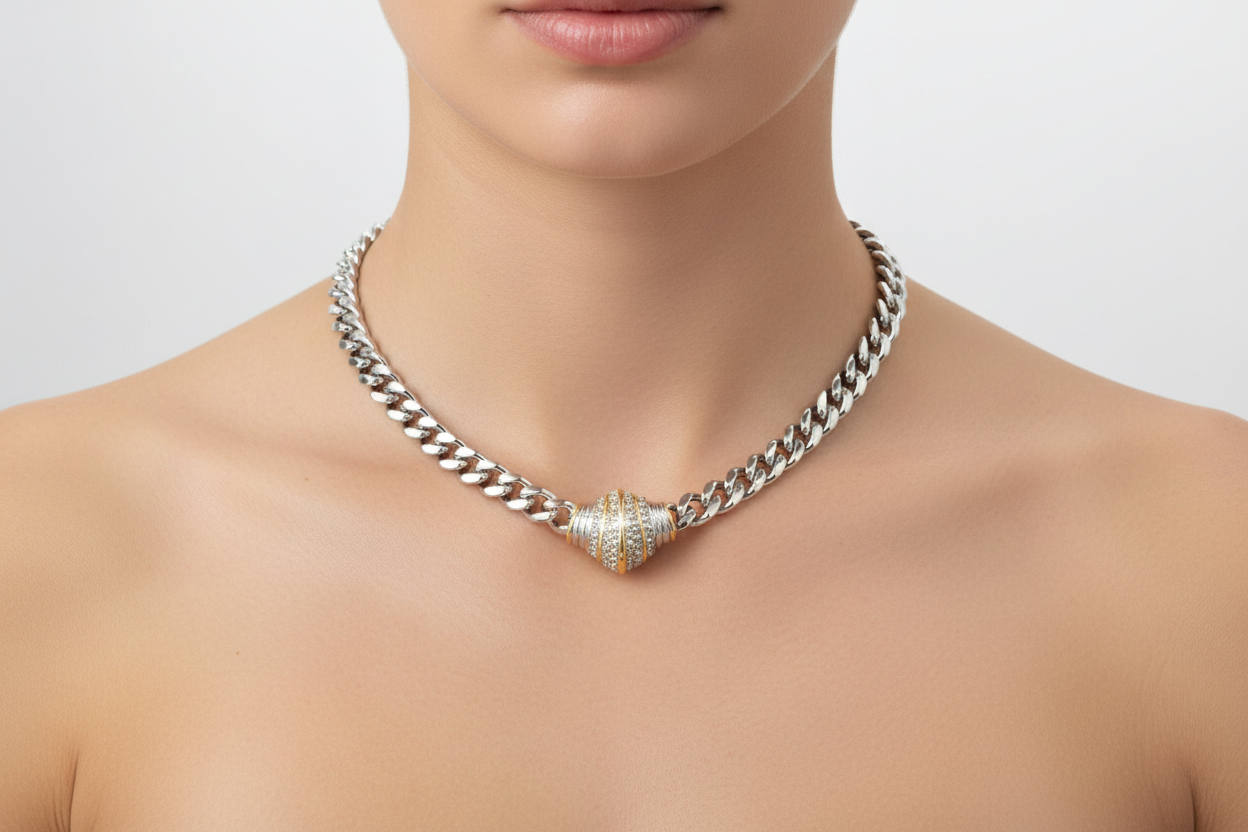 Silver chain necklace with a large decorative clasp on a black mannequin against a white background