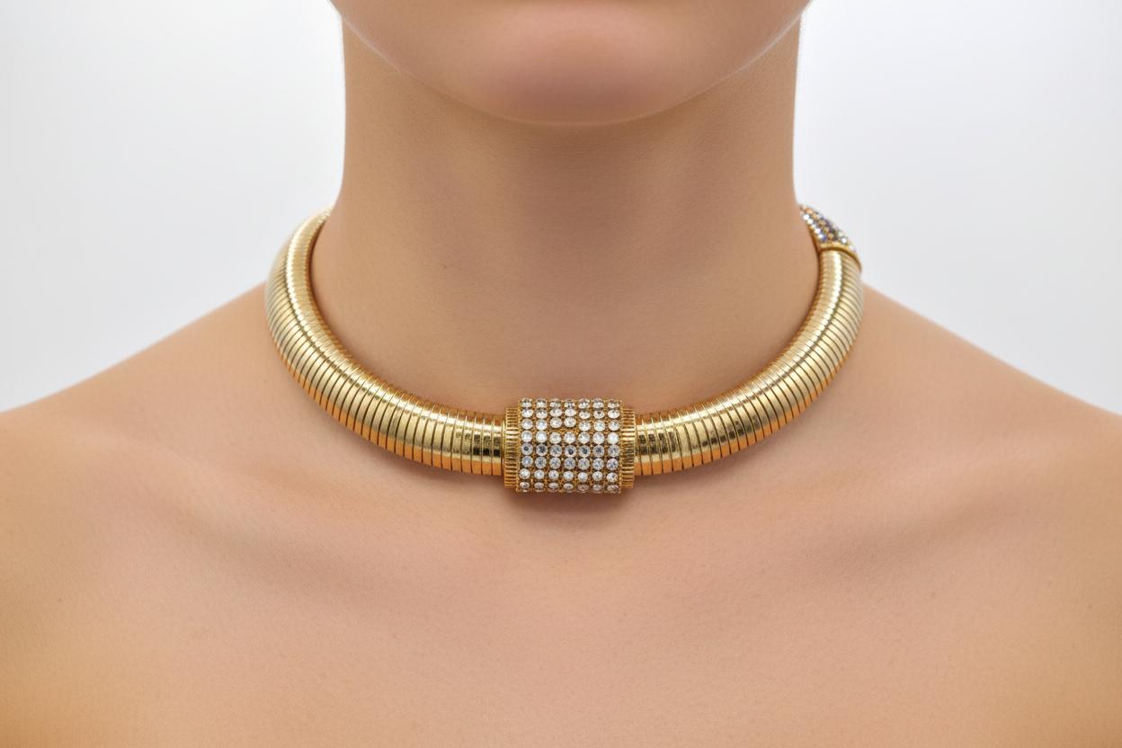 Vintage Tubular Rhinestone Choker Collar Necklace