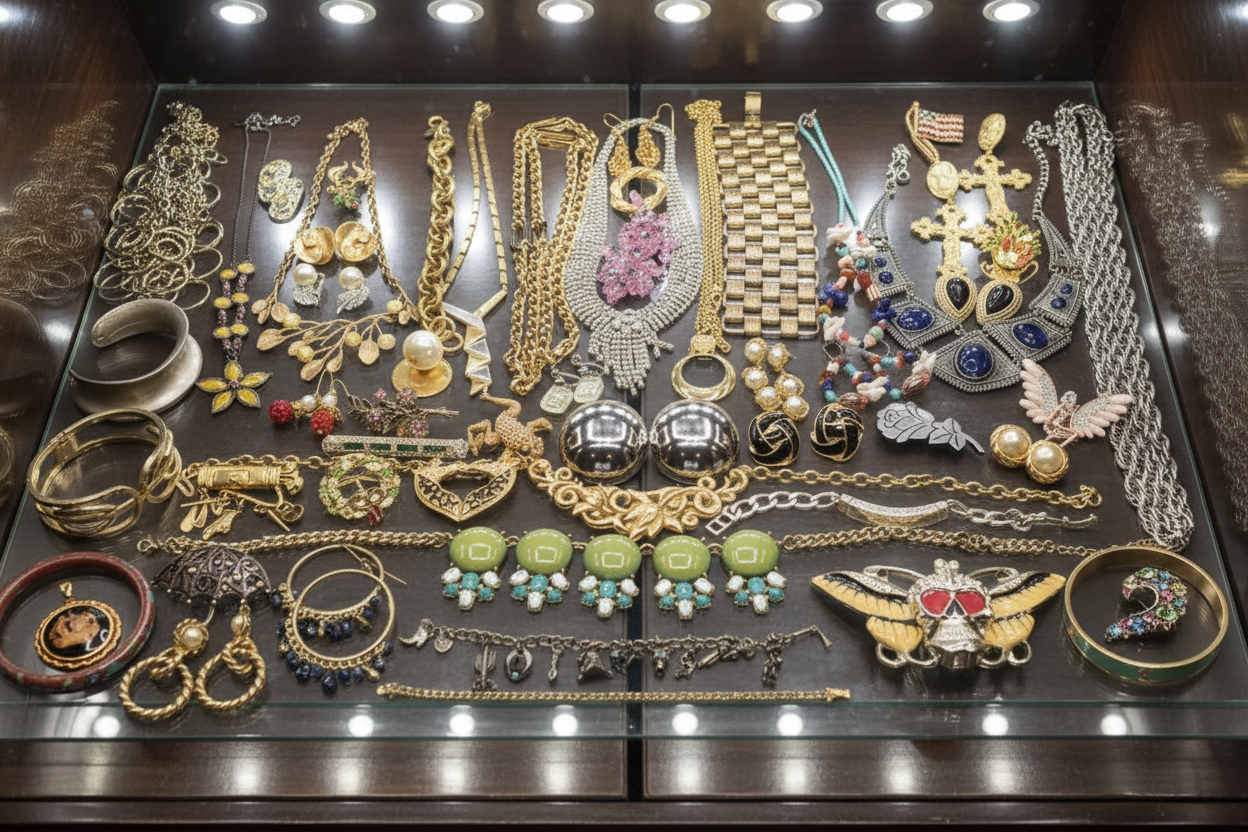 Assorted jewelry on display in a glass case