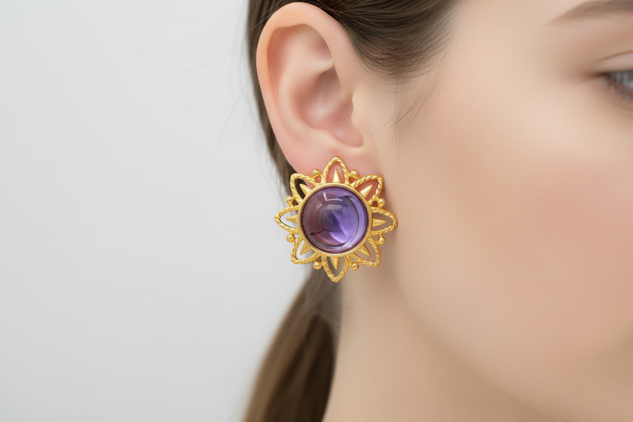 Trifari Purple Cabochon Flower Earrings