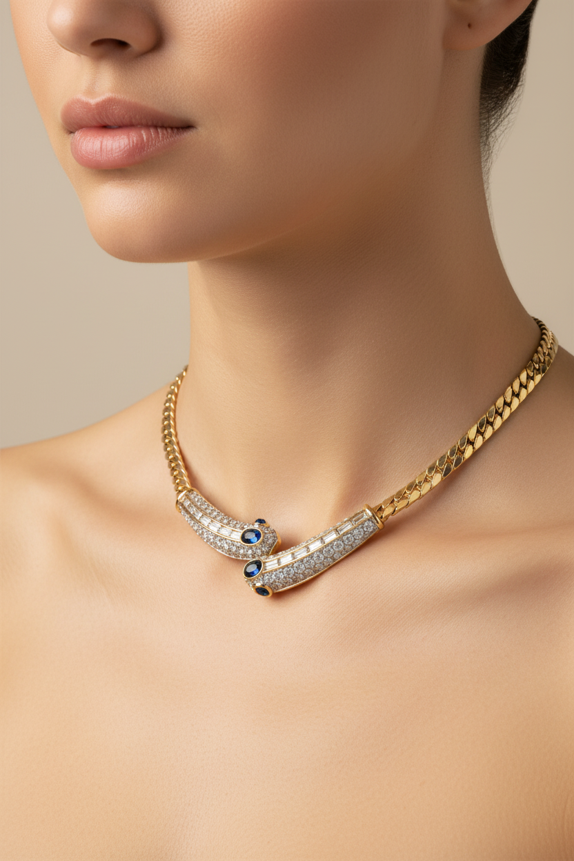 Vintage Givenchy Snake Blue Cabochon Rhinestone Collar Necklace
