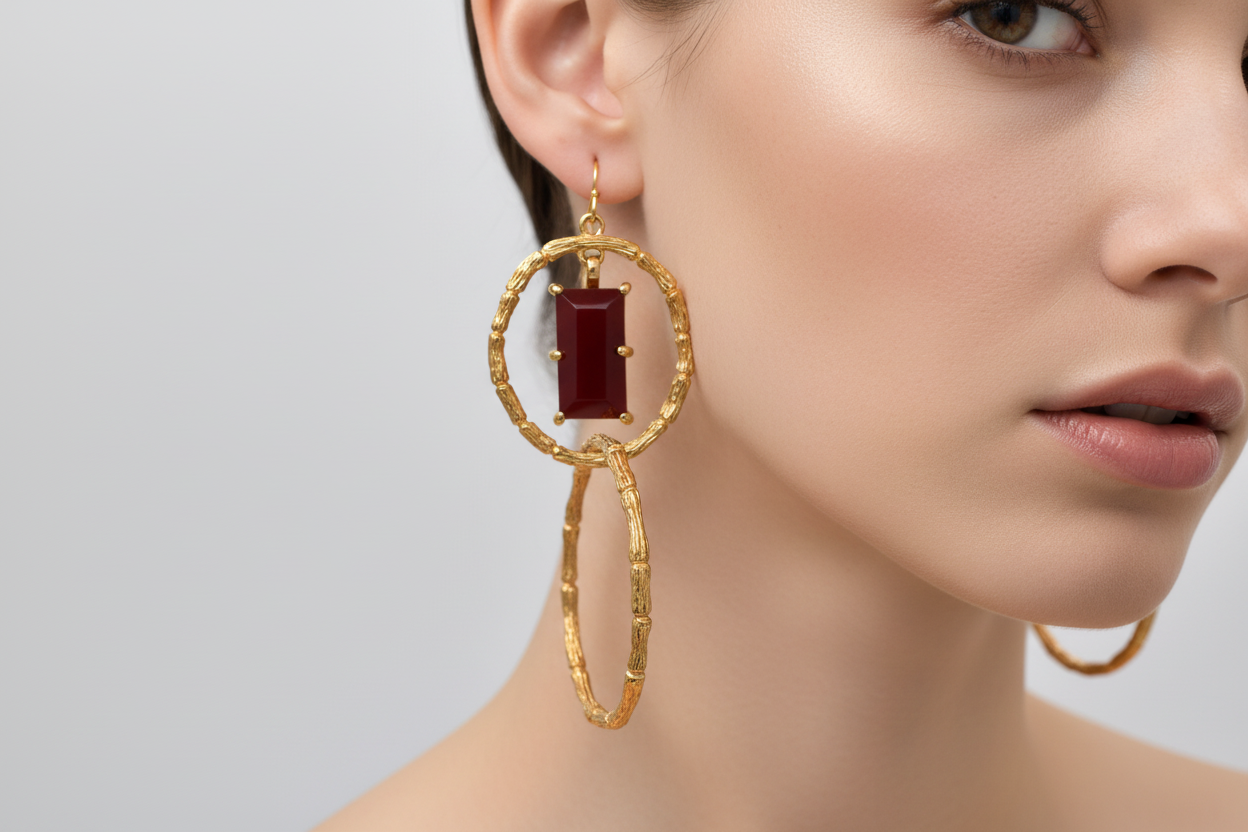 Pair of gold earrings with red gemstones on a white background