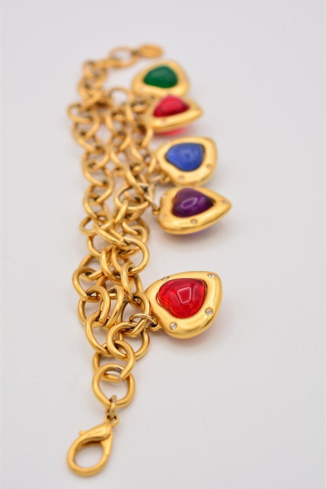 Givenchy Gold Chain Link Puffy Heart Cabochon Charm Bracelet Red Up Close