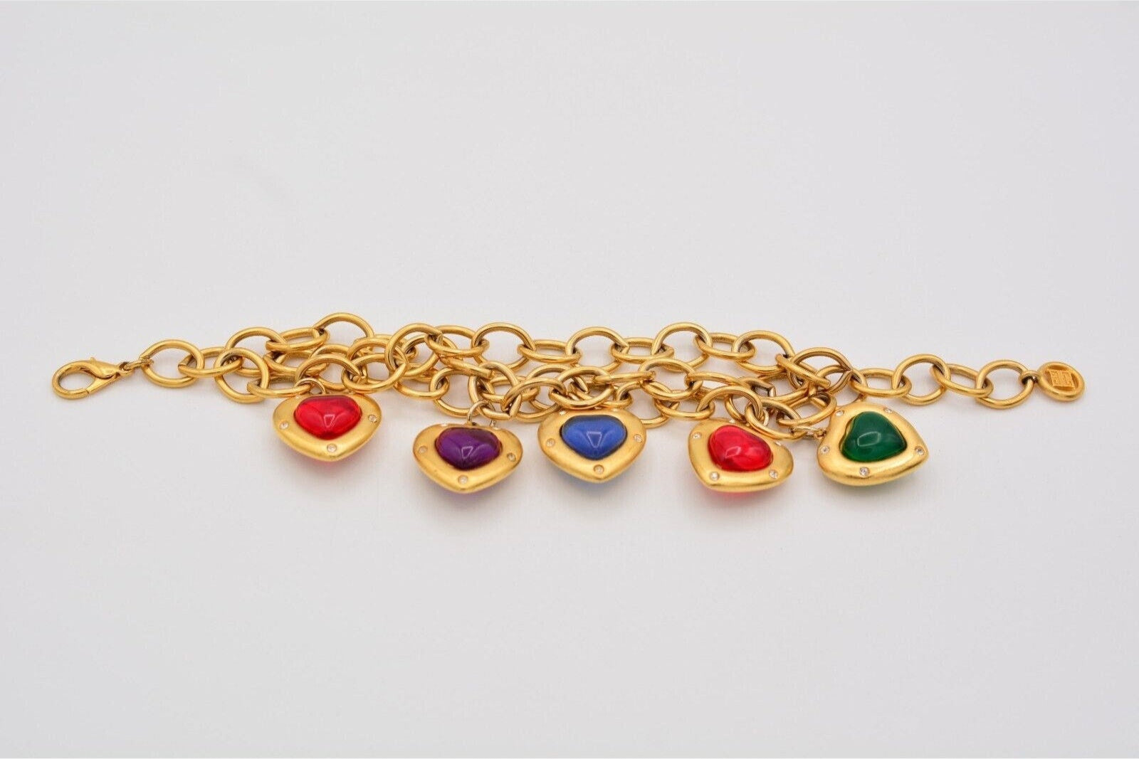 Givenchy Gold Red Blue Green Purple Puffy Heart Cabochon Charm Bracelet Laying Flat