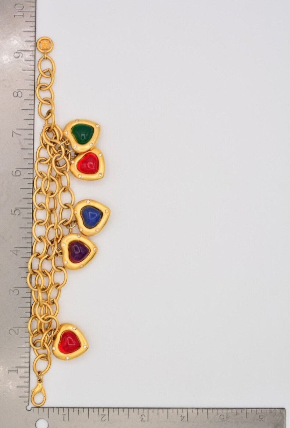 Givenchy matte gold chain link red blue purple green cabochon puffy heart measured 9 inches