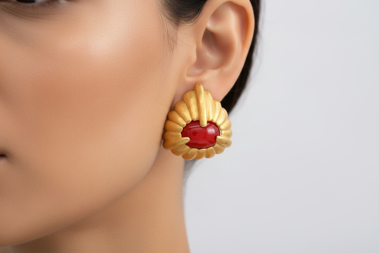Givenchy Red Cabochon Brushed Gold Earrings