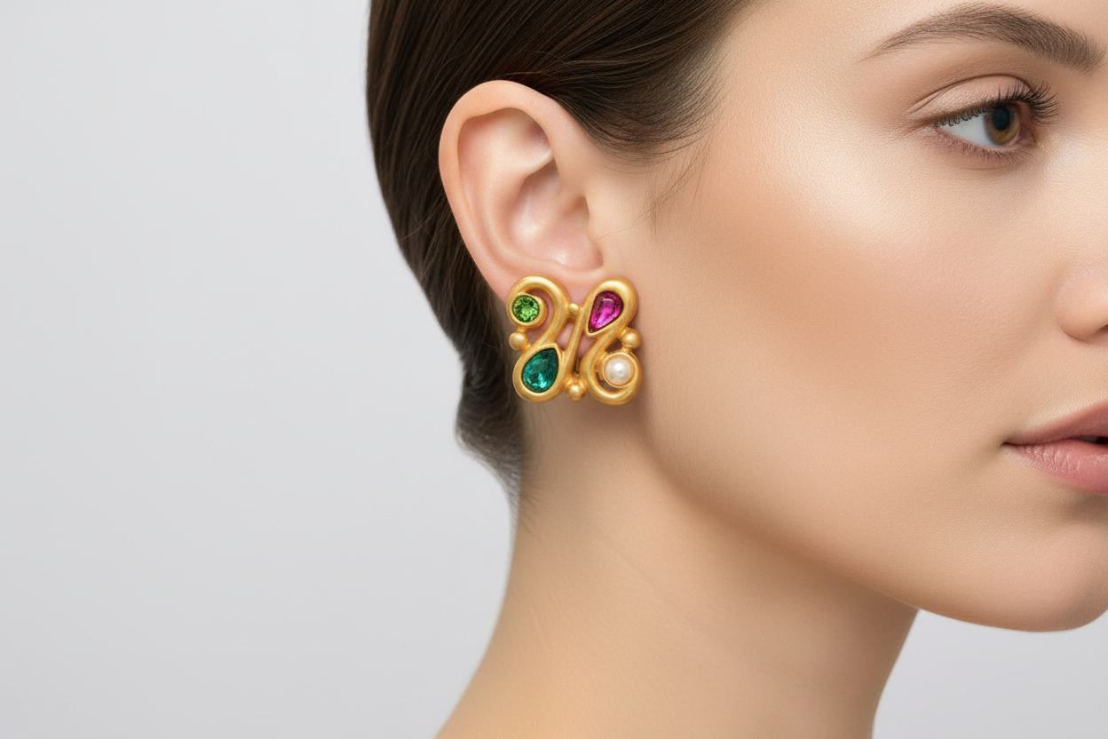 Gold earrings with colorful gemstones worn by a model on a light gray background