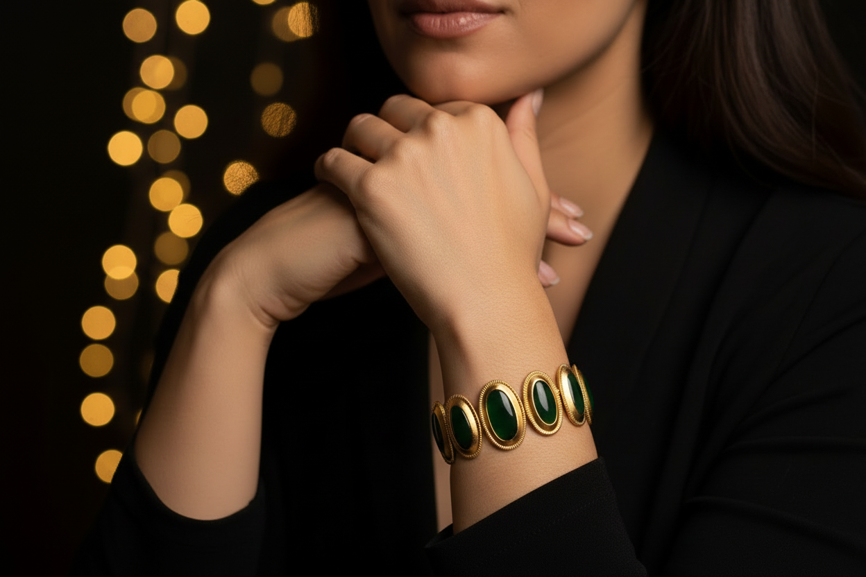 Close-up of a person wearing a gold bracelet with green enamel plating against a dark background with blurred lights.