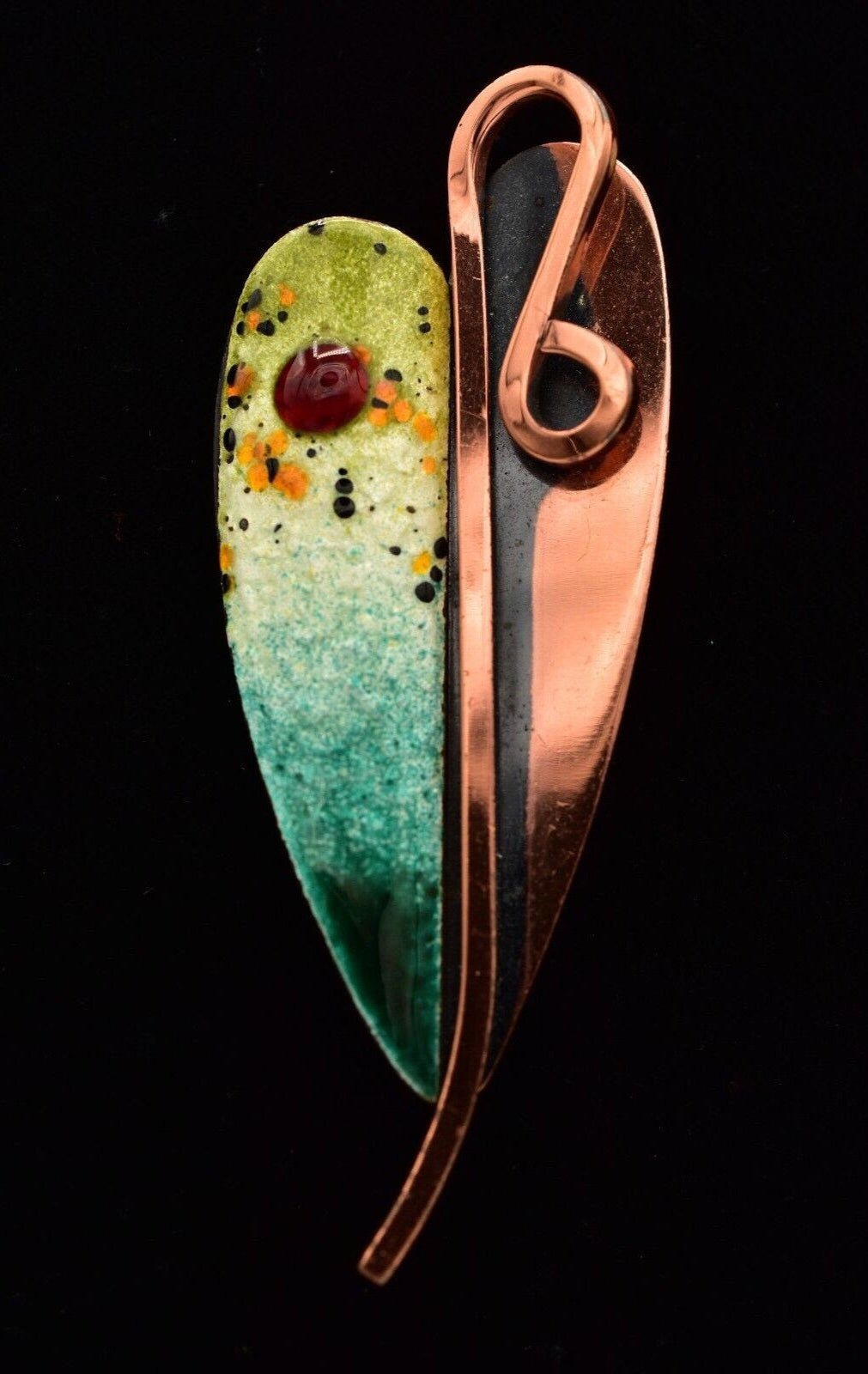 Vintage Matisse Renoir copper brooch with colorful abstract enamel, in the shape of a leaf.
