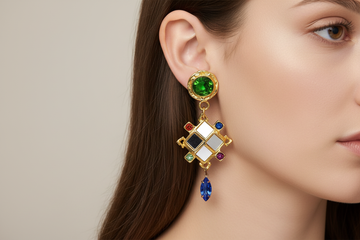 Close-up of a woman wearing a colorful gemstone earring with a neutral background