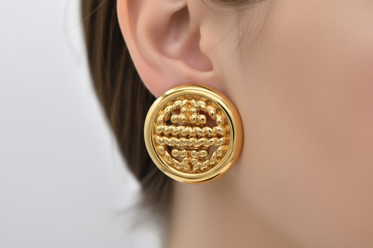 Pair of gold earrings on a black stand against a light gray background